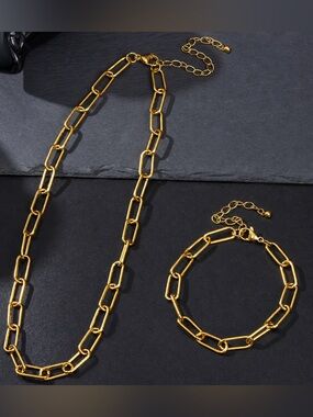 Gold Plated Stainless Steel Paperclip Chain Necklace & Bracelet Set